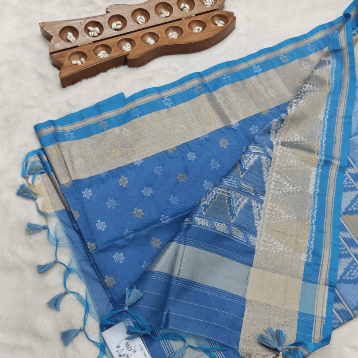 Tussar Banarasi semi saree(Cornflower Blue) - Image 2