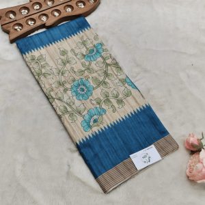 Kalamkari Tussar saree(Teal Blue/natural beige base )