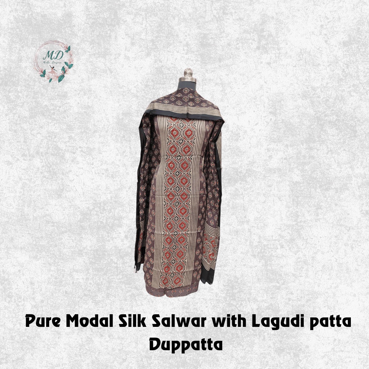Pure Modal Silk Salwar ( Dark Brown Geometric Ajrakh Print) - Image 2