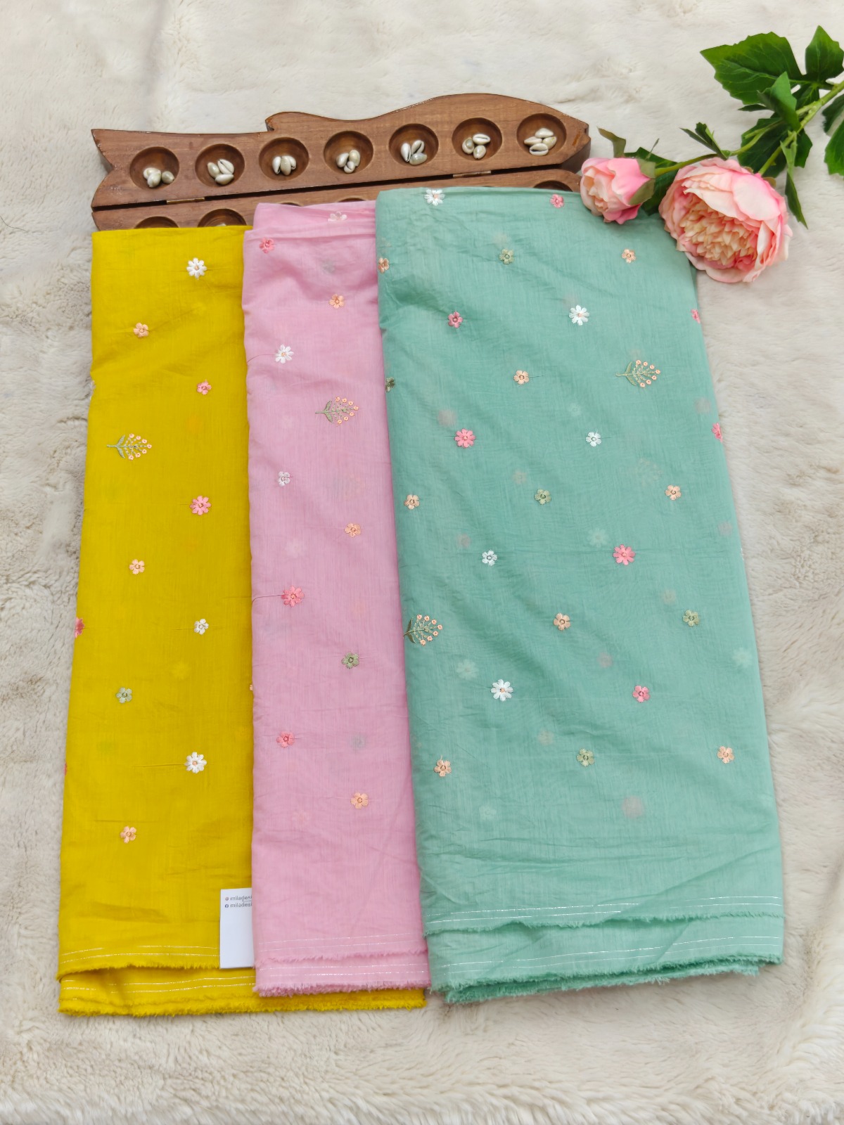 MulChanderi Floral Fabric(Yellow,Pink,Turquiose)