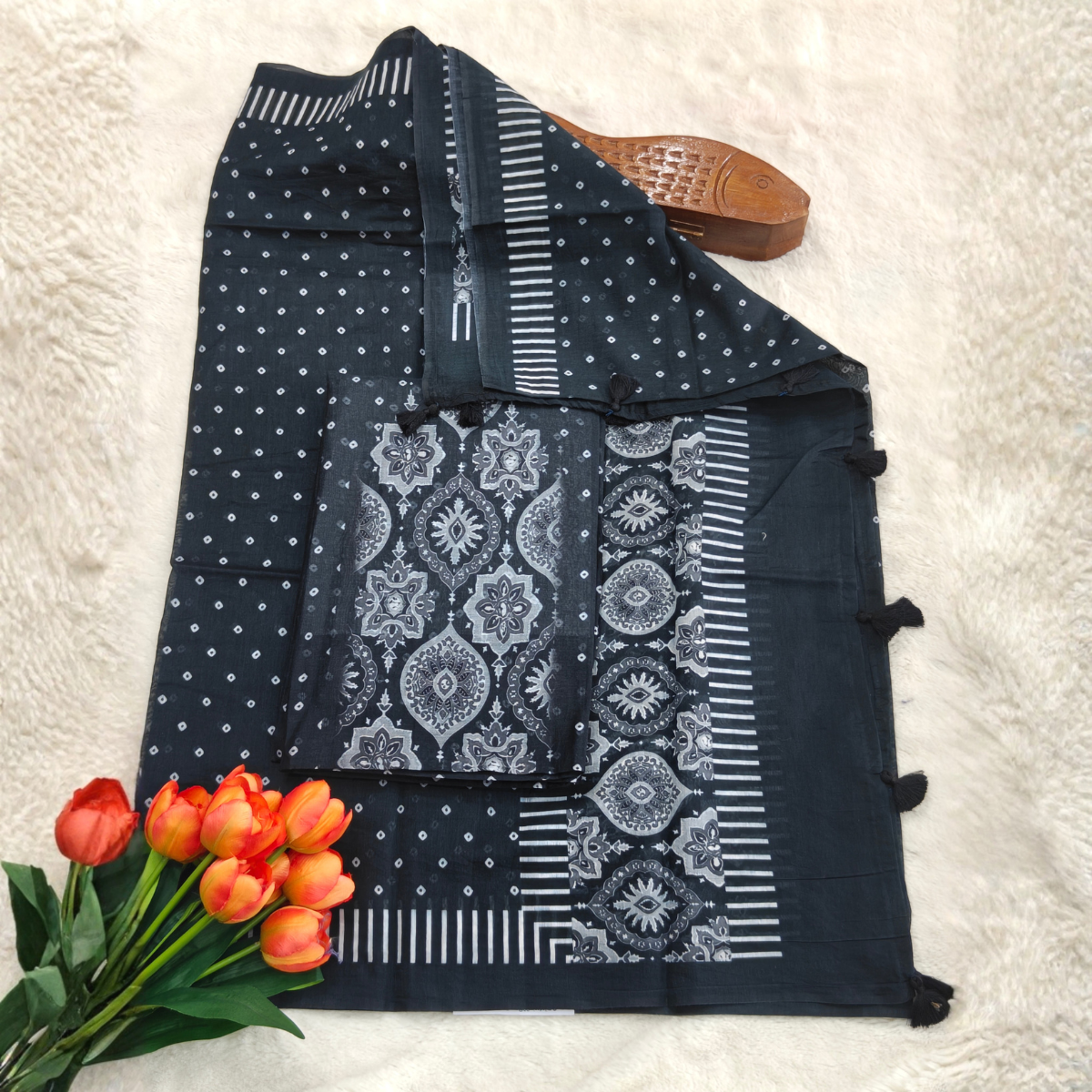Pure Mulchenderi silk / Charcoal Black with Silver Grey Ethnic Prints