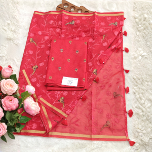 Pure kota with embroidery work / Coral Pink / Rose Coral