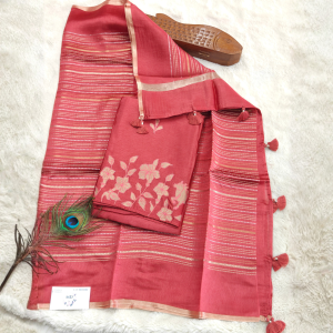Pure Raw mango / Rose Pink with Gold Zari Stripes