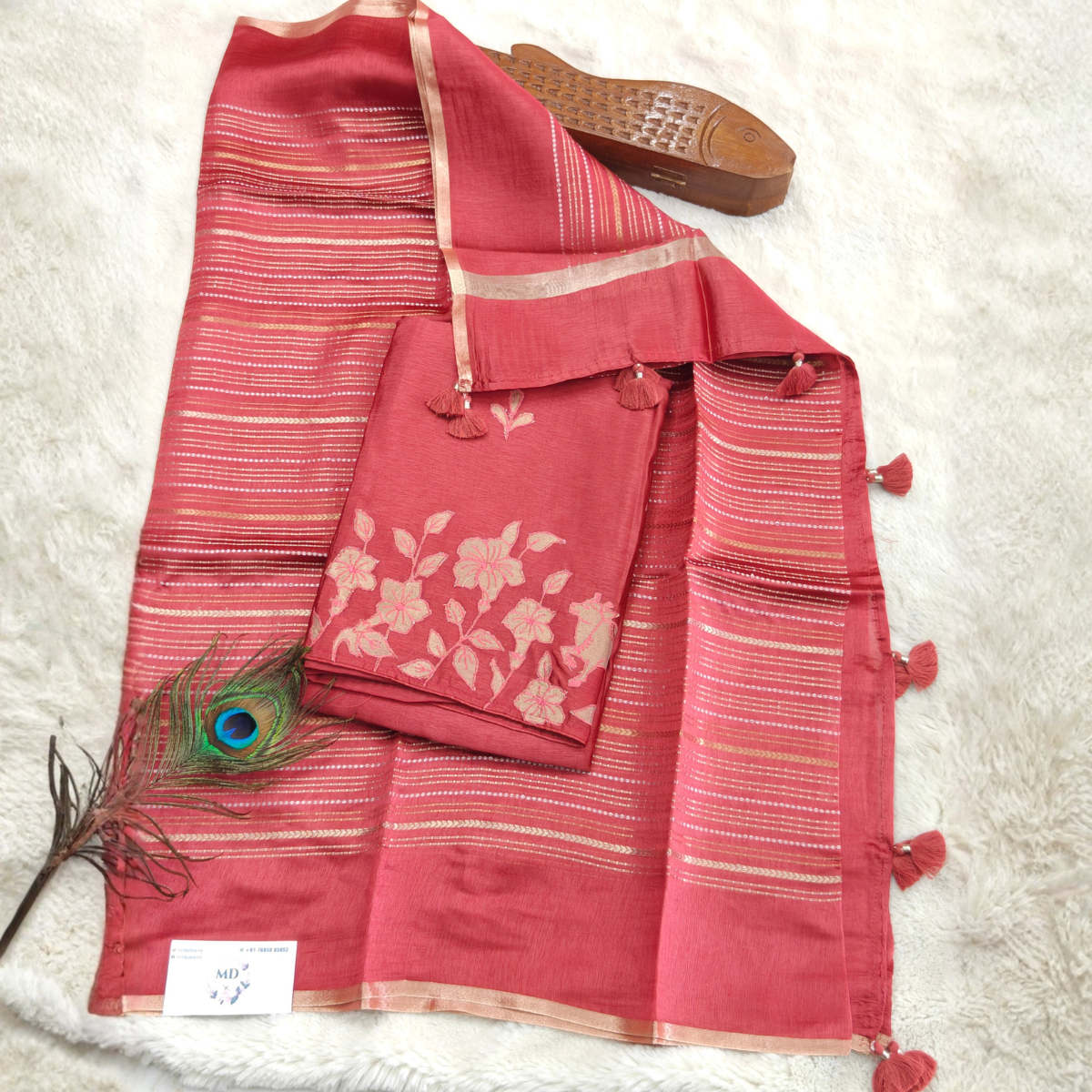 Pure Raw mango / Rose Pink with Gold Zari Stripes