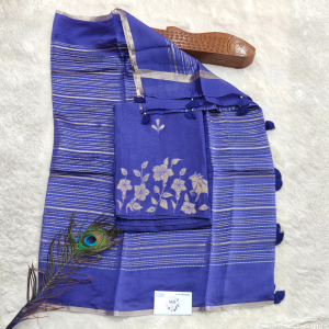 Pure Raw mango / Royal Blue with Silver Zari Stripes