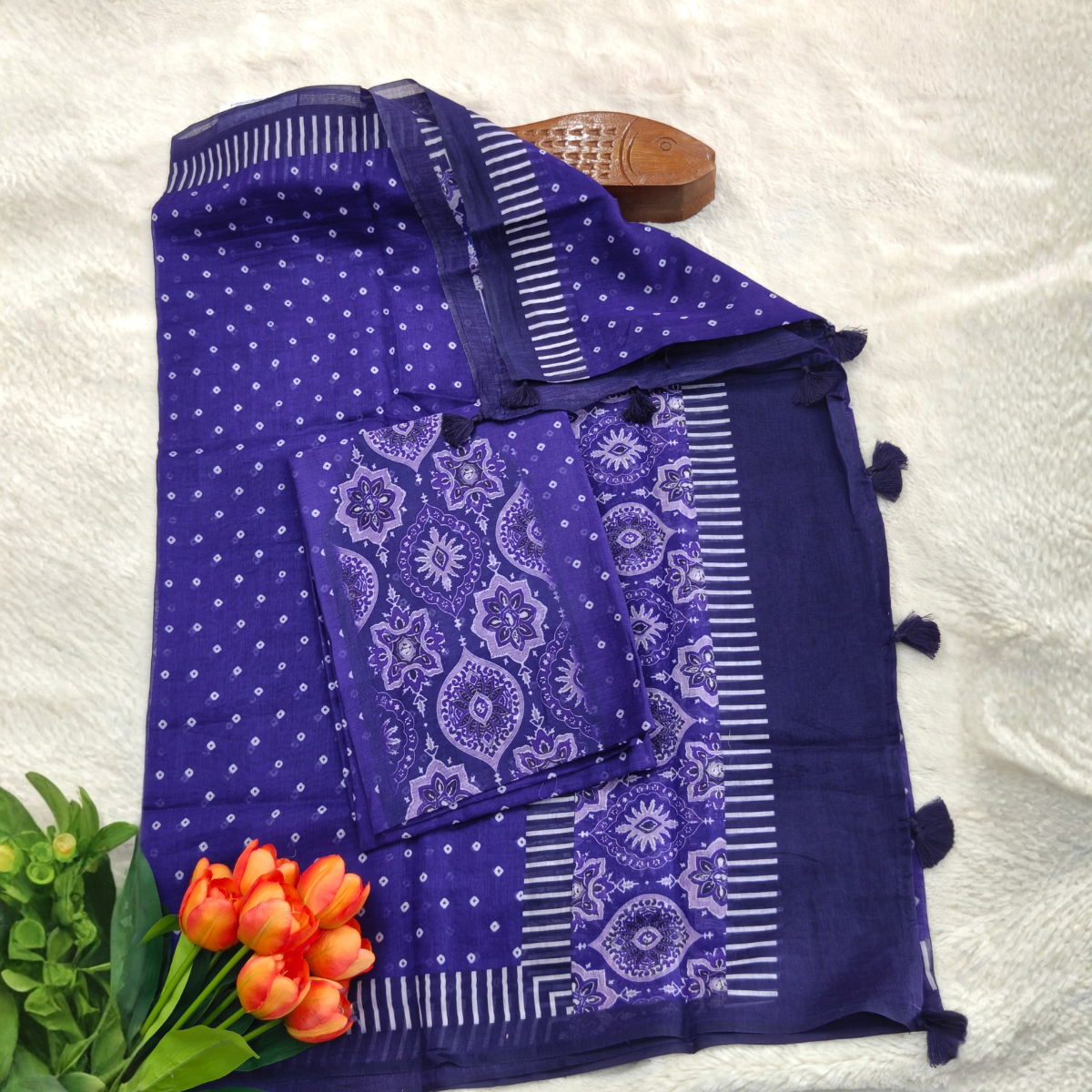 Pure Mulchenderi silk / Deep Violet Purple with White Ethnic Prints